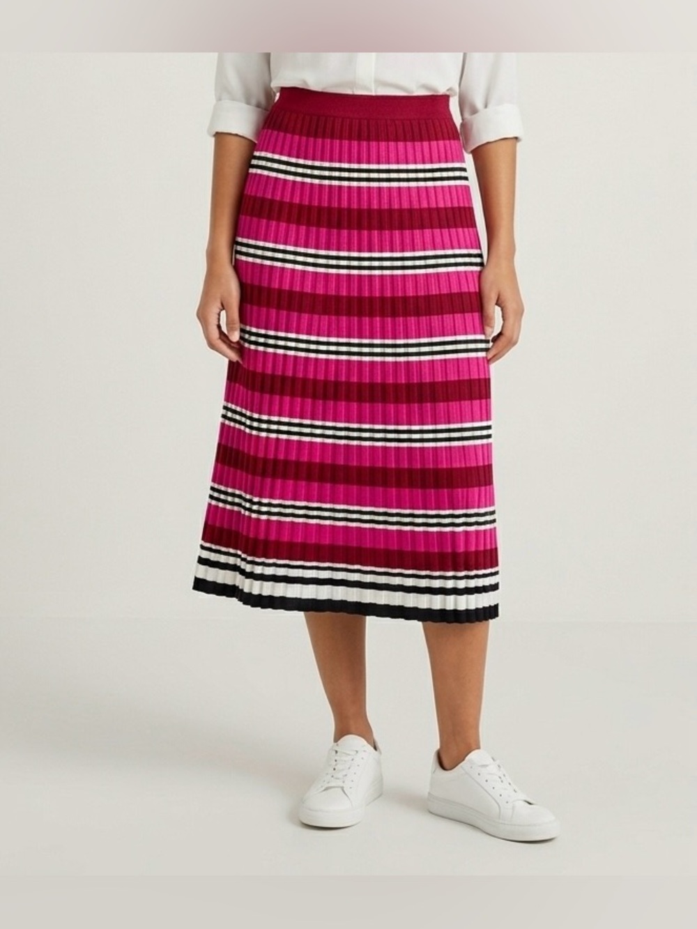 Anthropologie Dolan Dora Striped Pleated Midi Skirt Pink Red Small Knit Sweater